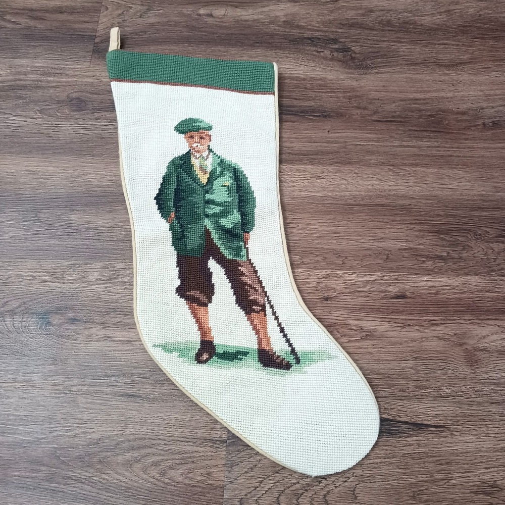 Vintage Needlepoint Golf Golfer Christmas Stocking Green